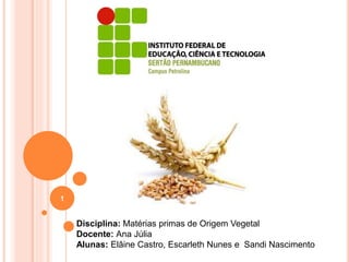 1
Disciplina: Matérias primas de Origem Vegetal
Docente: Ana Júlia
Alunas: Elâine Castro, Escarleth Nunes e Sandi Nascimento
 