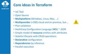 Core ideas in Terraform
• IaC Tool
• Open Source
• Multiplatform (Windows, Linux, Mac, …)
• Multiprovider (+200) cloud and on-premise, but …
• Plan validation
• HashiCorp Configuration Language (HCL) ~ JSON
• Simple model of resource entities with attributes
• Stateful lifecycle with CRUD operations
• Declarative configuration
• Dependencies by inference
• Parallel execution
 