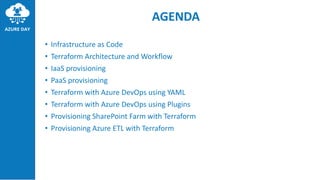 AGENDA
• Infrastructure as Code
• Terraform Architecture and Workflow
• IaaS provisioning
• PaaS provisioning
• Terraform with Azure DevOps using YAML
• Terraform with Azure DevOps using Plugins
• Provisioning SharePoint Farm with Terraform
• Provisioning Azure ETL with Terraform
 