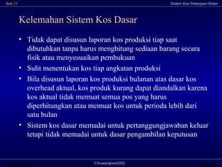 Bab 11

Sistem Kos Pekerjaan-Order

Kelemahan Sistem Kos Dasar
• Tidak dapat disusun laporan kos produksi tiap saat
dibutuhkan tanpa harus menghitung sediaan barang secara
fisik atau menyesuaikan pembukuan
• Sulit menentukan kos tiap angkatan produksi
• Bila disusun laporan kos produksi bulanan atas dasar kos
overhead aktual, kos produk kurang dapat diandalkan karena
kos aktual tidak memuat semua pos yang harus
diperhitungkan atau memuat kos untuk perioda lebih dari
satu bulan
• Sistem kos dasar memadai untuk pertanggungjawaban keluar
tetapi tidak memadai untuk dasar pengambilan keputusan

©Suwardjono2002

Transi

 