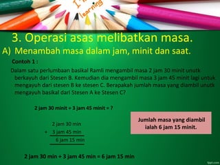 3. Operasi asas melibatkan masa.
A) Menambah masa dalam jam, minit dan saat.
Contoh 1 :
Dalam satu perlumbaan basikal Ramli mengambil masa 2 jam 30 minit unutk
berkayuh dari Stesen B. Kemudian dia mengambil masa 3 jam 45 minit lagi untuk
mengayuh dari stesen B ke stesen C. Berapakah jumlah masa yang diambil unutk
mengayuh basikal dari Stesen A ke Stesen C?
2 jam 30 minit + 3 jam 45 minit = ?
2 jam 30 min
+ 3 jam 45 min
6 jam 15 min
2 jam 30 min + 3 jam 45 min = 6 jam 15 min
Jumlah masa yang diambil
ialah 6 jam 15 minit.
 