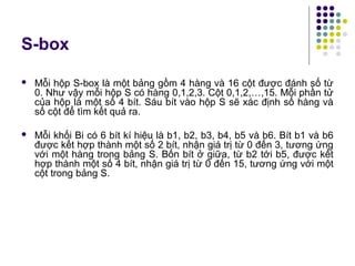 S-box
 Mỗi hộp S-box là một bảng gồm 4 hàng và 16 cột được đánh số từ
0. Như vậy mỗi hộp S có hàng 0,1,2,3. Cột 0,1,2,…,15. Mỗi phần tử
của hộp là một số 4 bít. Sáu bít vào hộp S sẽ xác định số hàng và
số cột để tìm kết quả ra.
 Mỗi khối Bi có 6 bít kí hiệu là b1, b2, b3, b4, b5 và b6. Bít b1 và b6
được kết hợp thành một số 2 bít, nhận giá trị từ 0 đến 3, tương ứng
với một hàng trong bảng S. Bốn bít ở giữa, từ b2 tới b5, được kết
hợp thành một số 4 bít, nhận giá trị từ 0 đến 15, tương ứng với một
cột trong bảng S.
 