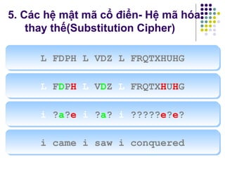 i ?a?e i ?a? i ?????e?e?i ?a?e i ?a? i ?????e?e?
L FDPH L VDZ L FRQTXHUHGL FDPH L VDZ L FRQTXHUHG
L FDPH L VDZ L FRQTXHUHGL FDPH L VDZ L FRQTXHUHG
i came i saw i conqueredi came i saw i conquered
5. Các hệ mật mã cổ điển- Hệ mã hóa
thay thế(Substitution Cipher)
 