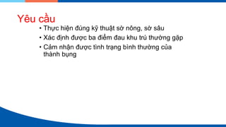 Yêu cầu
• Thực hiện đúng kỹ thuật sờ nông, sờ sâu
• Xác định được ba điểm đau khu trú thường gặp
• Cảm nhận được tình trạng bình thường của
thành bụng
 