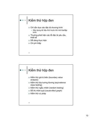 13
25
Ki m th h p ñen
Ch c n d a vào ñ c t chương trình
Xây d ng d li u th trư c khi mã hóa/l p
trình
Thư ng phát hi n các l i ñ c t yêu c u,
thi t k
D dàng th c hi n
Chi phí th p
26
Ki m th h p ñen
Ki m th giá tr biên (boundary value
analysis)
Ki m th l p tương ñương (equivalence
class testing)
Ki m th ng u nhiên (random testing)
ð th nhân-qu (cause-efect graph)
Ki m th cú pháp
 