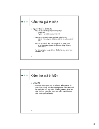 15
29
Ki m th giá tr biên
Nguyên t c ch n d li u th
N u d li u vào thu c m t kho ng, ch n
• 2 giá tr biên
• 4 giá tr = giá tr biên ± sai s nh nh t
N u giá tr vào thu c danh sách các giá tr , ch n
• ph n t th nh t, ph n t th hai, ph n t k cu i và ph n t
cu i
N u d li u vào là ñi u ki n ràng bu c s giá tr , ch n
• s giá tr t i thi u, s giá tr t i ña và m t s các s giá tr
không h p l
T v n d ng kh năng và th c t ñ ch n các giá tr biên
c n ki m th
30
Ki m th giá tr biên
Ví d (1)
Chương trình nh n vào ba s th c, ki m tra ba s
th c có là ñ dài ba c nh m t tam giác. N u là ñ dài
ba c nh c a m t tam giác, thì ki m tra xem ñó là tam
giác thư ng, cân, ñ u cũng như ki m tra ñó là tam
giác nh n, vuông hay tù.
 