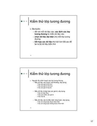 17
33
Ki m th l p tương ñương
Ba bư c
ñ i v i m i d li u vào, xác ñ nh các l p
tương ñương t mi n d li u vào
ch n d li u ñ i di n cho m i l p tương
ñương
k t h p các d li u th b i tích ð -các ñ
t i ra b d li u ki m th
34
Ki m th l p tương ñương
Nguyên t c phân ho ch các l p tương ñương
N u d li u vào thu c m t kho ng, xây d ng
• 1 l p các giá tr l n hơn
• 1 l p các giá tr nh hơn
• n l p các giá tr h p l
N u d li u là t p h p các giá tr , xây d ng
• 1 l p v i t p r ng
• 1 l p quá nhi u các giá tr
• n l p h p l
N u d li u vào là ñi u ki n ràng bu c, xây d ng
• 1 l p v i ràng bu c ñư c th a mãn
• 1 l p v i ràng bu c không ñư c th a mãn
 