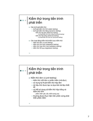 7
13
Ki m th trong ti n trình
phát tri n
Các k thu t ki m th
k thu t ki m th tĩnh (static testing)
k thu t ki m th ñ ng (dynamic testing)
• ki m th h p ñen (black-box testing)
• k thu t ki m th ch c năng (functional testing)
• ki m th h p tr ng (white-box testing)
• k thu t ki m th c u trúc (structural testing)
Các ho t ñ ng ki m th /chi n lư c ki m th
ki m th ñơn v (unit testing)
ki m th tích h p (integration testing)
ki m th h p th c hóa (validation testing)
ki m th h i quy (regression testing)
14
Ki m th trong ti n trình
phát tri n
Ki m th ñơn v (unit testing)
ki m th m i ñơn v ph n m m (mô-ñun)
s d ng k thu t ki m th h p ñen
d li u th ñươc t o ra d a trên tài li u thi t
k
có th s d ng c ki m th h p tr ng và
ki m th tĩnh
• ph n m m yêu c u ch t lư ng cao
thư ng ñư c th c hi n trên ph n c ng phát
tri n ph n m m
 