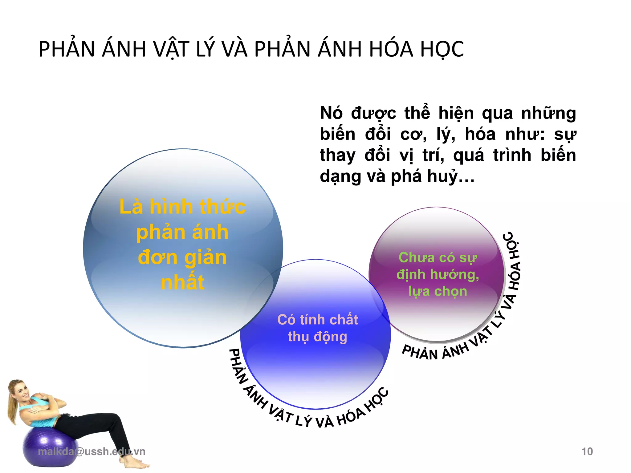 PHẢN ÁNH VẬT LÝ VÀ PHẢN ÁNH HÓA HỌC
Là hình thức
phản ánh
đơn giản
nhất
Có tính chất
thụ động
Chưa có sự
định hướng,
lựa chọn
Nó được thể hiện qua những
biến đổi cơ, lý, hóa như: sự
thay đổi vị trí, quá trình biến
dạng và phá huỷ…
maikda@ussh.edu.vn 10
 