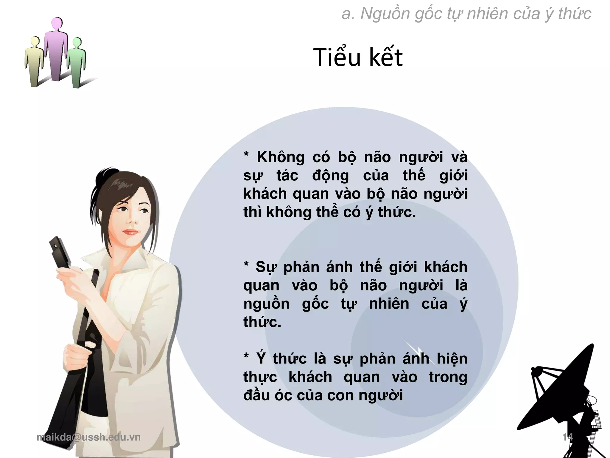 Tiểu kết
* Không có bộ não người và
sự tác động của thế giới
khách quan vào bộ não người
thì không thể có ý thức.
* Sự phản ánh thế giới khách
quan vào bộ não người là
nguồn gốc tự nhiên của ý
thức.
* Ý thức là sự phản ánh hiện
thực khách quan vào trong
đầu óc của con người
a. Nguồn gốc tự nhiên của ý thức
maikda@ussh.edu.vn 14
 