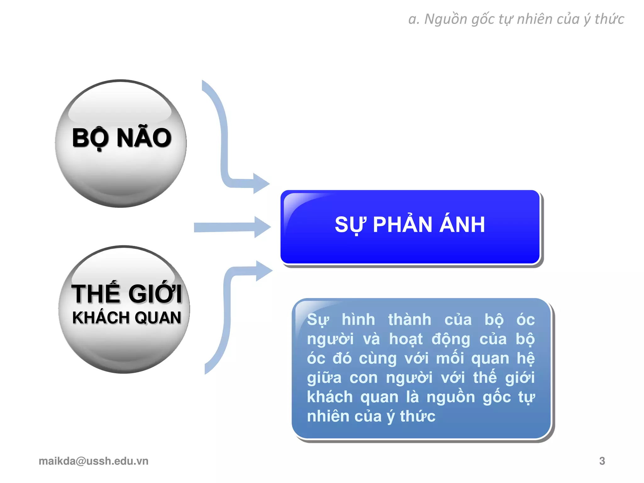 a. Nguồn gốc tự nhiên của ý thức
SỰ PHẢN ÁNH
BỘ NÃO
THẾ GIỚI
KHÁCH QUAN Sự hình thành của bộ óc
người và hoạt động của bộ
óc đó cùng với mối quan hệ
giữa con người với thế giới
khách quan là nguồn gốc tự
nhiên của ý thức
maikda@ussh.edu.vn 3
 
