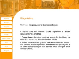 Diagnóstico  Com base nas pesquisas foi diagnosticado que: Estão com um melhor poder aquisitivo e assim requerem mais créditos Essas classes investem muito na educação dos filhos, na casa própria e em um automóvel para a família Porém não costumam guardar suas economias em bancos. Isto também acontece pelo fato de terem receio que os juros e as tarifas bancárias sejam altas de mais e não consigam arcar com os valores. 