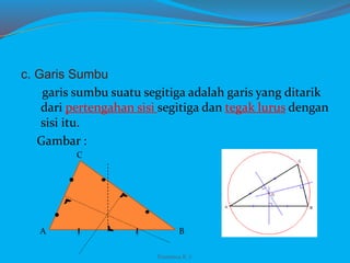 c. Garis Sumbu
garis sumbu suatu segitiga adalah garis yang ditarik
dari pertengahan sisi segitiga dan tegak lurus dengan
sisi itu.
Gambar :
A B
C
Franxisca K :)
 