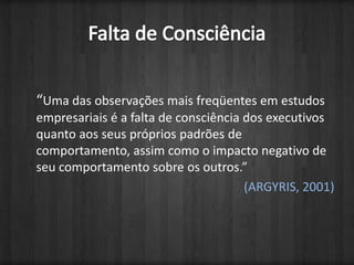 Falta de Consciência	“Uma das observações mais freqüentes em estudos empresariais é a falta de consciência dos executivos quanto aos seus próprios padrões de comportamento, assim como o impacto negativo de seu comportamento sobre os outros.” (ARGYRIS, 2001)