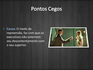 Pontos CegosCausa: O medo de repreensão, faz com que os executivos não externem seu descontentamento com o seu superior.