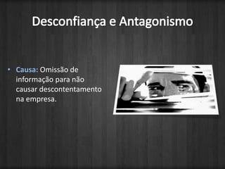 Desconfiança e AntagonismoCausa: Omissão de informação para não causar descontentamento na empresa.