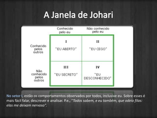 A Janela de JohariNo setor I, estão os comportamentos observados por todos, inclusive eu. Sobre esses é mais fácil falar, descrever e analisar. P.e., "Todos sabem, e eu também, que odeio filas: elas me deixam nervoso".