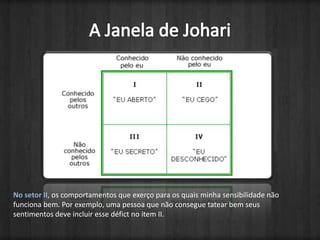A Janela de JohariNo setor II, os comportamentos que exerço para os quais minha sensibilidade não funciona bem. Por exemplo, uma pessoa que não consegue tatear bem seus sentimentos deve incluir esse défict no item II.