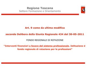 Regione Toscana
             Settore Formazione e Orientamento




                  Art. 9 come da ultima modifica

 secondo Delibera della Giunta Regionale 434 del 30-05-2011

                    FONDO REGIONALE DI ROTAZIONE

“Interventi finanziari a favore del sistema professionale. Istituzione di
            fondo regionale di rotazione per le professioni”




                                                                            5
 