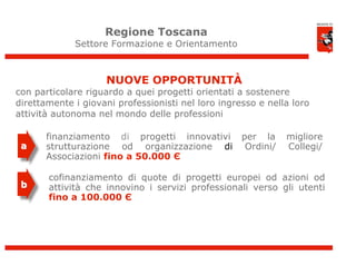 Regione Toscana
             Settore Formazione e Orientamento



                    NUOVE OPPORTUNITÀ
con particolare riguardo a quei progetti orientati a sostenere
direttamente i giovani professionisti nel loro ingresso e nella loro
attività autonoma nel mondo delle professioni

       finanziamento di progetti innovativi         per la     migliore
 a     strutturazione od organizzazione di           Ordini/   Collegi/
       Associazioni fino a 50.000 Є

       cofinanziamento di quote di progetti europei od azioni od
 b     attività che innovino i servizi professionali verso gli utenti
       fino a 100.000 Є




                                                                          9
 