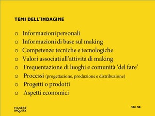 o Informazionipersonali
o Informazionidi base sul making
o Competenze tecniche e tecnologiche
o Valori associatiall’attività di making
o Frequentazione di luoghi e comunità ‘del fare’
o Processi (progettazione, produzione e distribuzione)
o Progetti o prodotti
o Aspetti economici
TEMI DELL’INDAGINE
3810/
 