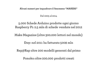 Alcuni numeri per inquadrare il fenomeno “MAKERS”
Dal 2005 al 2014
5.000 Schede Arduino prodotte ogni giorno
Raspberry Pi: 2.5 mln di schede vendute nel 2012
Make Magazine(oltre 300.000 lettori nel mondo)
Etsy: nel 2011 ha fatturato 500$ mln
Rep@Rap oltre 200 modelli generati dal primo
Ponoko:oltre 200.000 prodotti creati
 