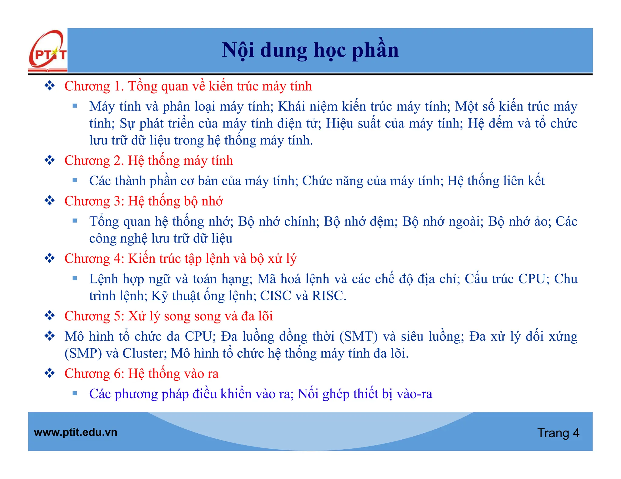 SLIDE KIẾN TRÚC MÁY TÍNH PTIT TÓM TẮT NỘI DUNG GIẢNG DẠY CHI TIẾT TỪNG CHƯƠNG HỌC