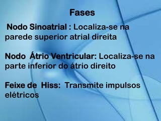 Nodo Sinoatrial : Localiza-se na
parede superior atrial direita
Nodo Átrio Ventricular: Localiza-se na
parte inferior do átrio direito
Feixe de Hiss: Transmite impulsos
elétricos
Fases
 