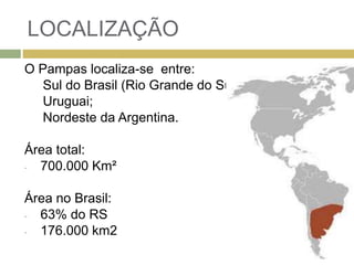LOCALIZAÇÃO
O Pampas localiza-se entre:
Sul do Brasil (Rio Grande do Sul);
Uruguai;
Nordeste da Argentina.
Área total:
- 700.000 Km²
Área no Brasil:
- 63% do RS
- 176.000 km2
 