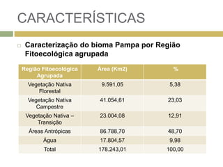 CARACTERÍSTICAS
 Caracterização do bioma Pampa por Região
Fitoecológica agrupada
Região Fitoecológica
Agrupada
Área (Km2) %
Vegetação Nativa
Florestal
9.591,05 5,38
Vegetação Nativa
Campestre
41.054,61 23,03
Vegetação Nativa –
Transição
23.004,08 12,91
Áreas Antrópicas 86.788,70 48,70
Água 17.804,57 9,98
Total 178.243,01 100,00
 