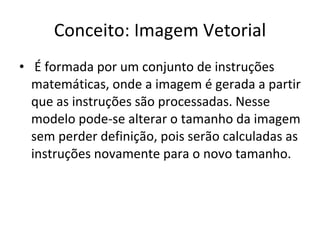 Conceito: Imagem Vetorial É formada por um conjunto de instruções matemáticas, onde a imagem é gerada a partir que as instruções são processadas. Nesse modelo pode-se alterar o tamanho da imagem sem perder definição, pois serão calculadas as instruções novamente para o novo tamanho. 