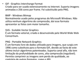 GIF - Graphics Interchange Format  Criado para ser usado extensivamente na Internet. Suporta imagens animadas e 256 cores por frame. Foi substituído pelo PNG.  BMP - Windows Bitmap  Normalmente usado pelos programas do Microsoft Windows. Não utiliza nenhum algoritmo de compressão, daí esse formato apresentar as fotos com maior tamanho.  SVG - Scalable Vector Graphics  É um formato vetorial, criado e desenvolvido pelo World Wide Web Consortium.  PNG - Portable Network Graphics  É um formato livre de dados utilizado para imagens, que surgiu em 1996 como substituto para o formato GIF, devido ao facto de este último incluir algoritmos patenteados. Suporta canal alfa, não tem limitação da profundidade de cores, alta compressão (regulável). Permite comprimir as imagens sem perda de qualidade, ao contrário de outros formatos, como o JPG.  