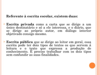 Referente à escrita escolar, existem duas:
 Escrita privada como a carta que se dirige a um
único destinatário e só a ele interessa, e o diário, que
se dirige ao próprio autor, em diálogo interior
objetivado consigo mesmo.
 Escrita pública que se dirige ao leitor em geral, essa
escrita pode ter dois tipos de textos os que servem á
leitura e o texto que expressa a produção de
conhecimento. É preciso trabalhar com os dois tipos
sem confundir as suas finalidades.
 