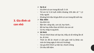  Họ là ai
- Gia đình có con trong độ tuổi: 5-14.
- Trẻ em từ 5-14 tuổi chiếm khoảng 15% dân số ~ 1,2
triệu người.
- Khoảng 0,6 triệu hộ gia đình có con trong độ tuổi này
 Đặc điểm
- Gia đình trẻ.
- Bận rộn: công việc, con cái, học hành…
- Bố mẹ hay chiều theo sở thích của con cái
- Có thu nhập trung bình.
 Sở thích
- Trẻ em thích khoe với bạn bè, thầy cô về những lần đi
ăn, đi chơi.
- Thích ăn đồ ăn nhanh vì cảm giác mới lạ (khác các
món ăn hàng ngày ở nhà và ở trường).
- Các gia đình thích sự tiện lợi, nhanh chóng
- Chi tiêu tiết kiệm.
3. Gia đình có
con nhỏ
 