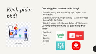 Cửa hàng (ban đầu mở 3 cửa hàng)
• Dân văn phòng: Khu vực đường Ngô Quyền , quận
Hoàn Kiếm.
• Giới trẻ: Khu vực đường Cầu Giấy – Xuân Thủy hoặc
đường Trần Đại Nghĩa.
• Gia đinh có con nhỏ: Khu vực đường Lê Văn Lương.
Các ứng dụng đặt hàng và giao hàng trực
tuyến
• Grabfood
• Now
• Baemin
• Gofood
• …
Kênh phân
phối
 