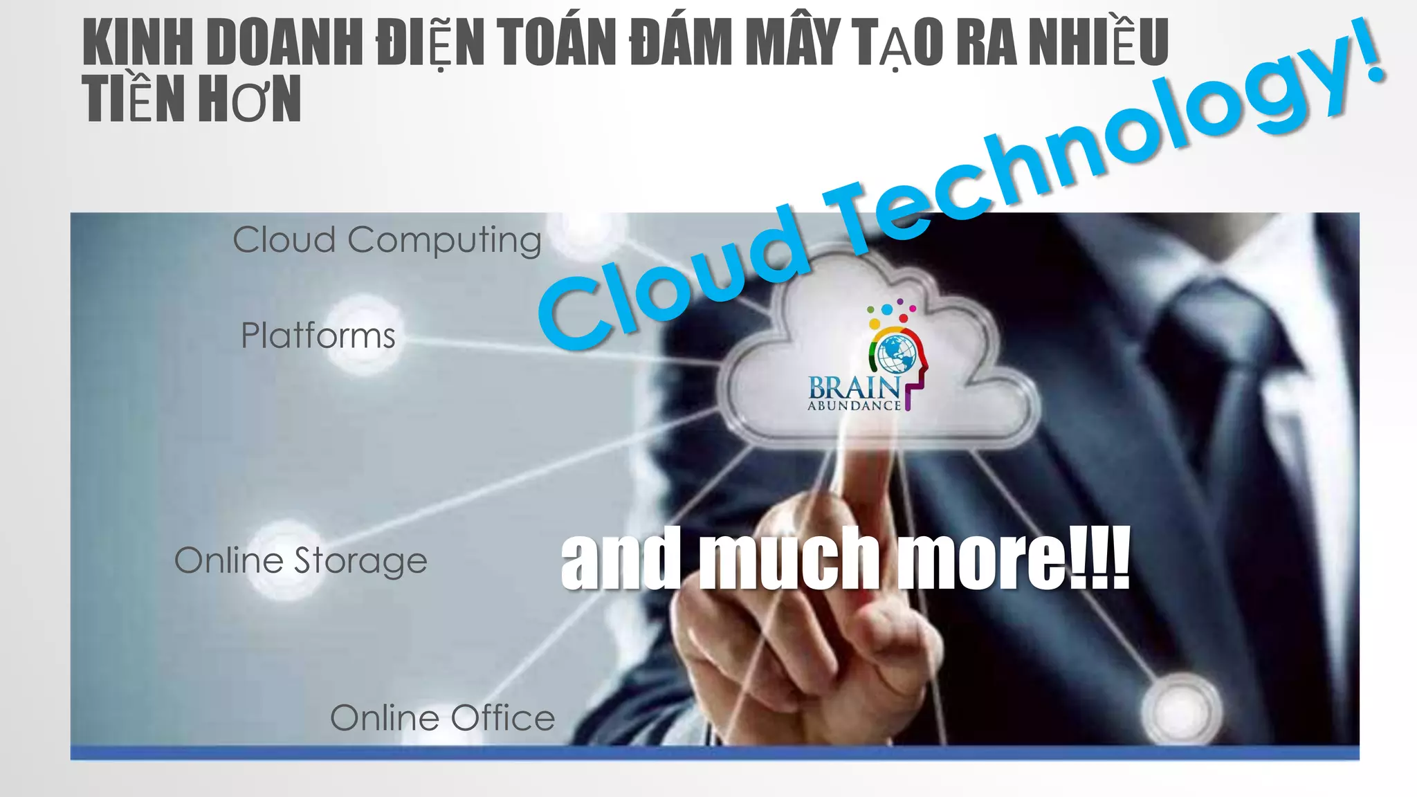KINH DOANH ĐIỆN TOÁN ĐÁM MÂY TẠO RA NHIỀU
TIỀN HƠN
Cloud Computing
Platforms
Online Storage
Online Office
and much more!!!
 