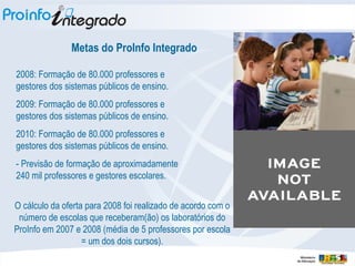 Metas do ProInfo Integrado 2008: Formação de 80.000 professores e gestores dos sistemas públicos de ensino. 2009: Formação de 80.000 professores e gestores dos sistemas públicos de ensino. 2010: Formação de 80.000 professores e gestores dos sistemas públicos de ensino. - Previsão de formação de aproximadamente 240 mil professores e gestores escolares. O cálculo da oferta para 2008 foi realizado de acordo com o número de escolas que receberam(ão) os laboratórios do ProInfo em 2007 e 2008 (média de 5 professores por escola = um dos dois cursos). 