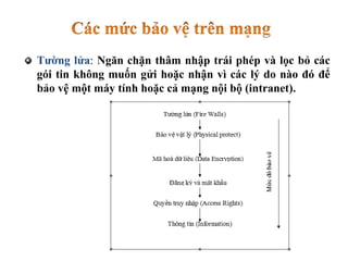 Tường lửa: Ngăn chặn thâm nhập trái phép và lọc bỏ các
gói tin không muốn gửi hoặc nhận vì các lý do nào đó để
bảo vệ một máy tính hoặc cả mạng nội bộ (intranet).
 