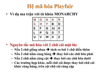 • Ví dụ ma trận với từ khóa MONARCHY
• Nguyên tắc mã hóa với 2 chữ cái một lúc
– Nếu 2 chữ giống nhau  tách ra bởi 1 chữ điền thêm
– Nếu 2 chữ nằm cùng hàng  thay bởi các chữ bên phải
– Nếu 2 chữ nằm cùng cột  thay bởi các chữ bên dưới
– Các trường hợp khác, mỗi chữ cái được thay bởi chữ cái
khác cùng hàng, trên cột chữ cái cùng cặp
M O N A R
C H Y B D
E F G I/J K
L P Q S T
U V W X Z
 