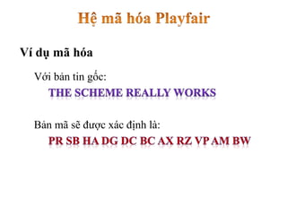 Với bản tin gốc:
Bản mã sẽ được xác định là:
Ví dụ mã hóa
 