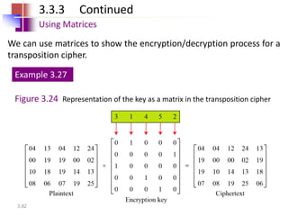 3.82
3.3.3 Continued
Using Matrices
We can use matrices to show the encryption/decryption process for a
transposition cipher.
Figure 3.24 Representation of the key as a matrix in the transposition cipher
Example 3.27
 