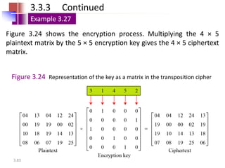 3.83
Figure 3.24 Representation of the key as a matrix in the transposition cipher
3.3.3 Continued
Figure 3.24 shows the encryption process. Multiplying the 4 × 5
plaintext matrix by the 5 × 5 encryption key gives the 4 × 5 ciphertext
matrix.
Example 3.27
 