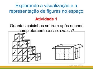 (CUNHA, 2009)
Explorando a visualização e a
representação de figuras no espaço
Atividade 1
Quantas caixinhas sobram após encher
completamente a caixa vazia?
 