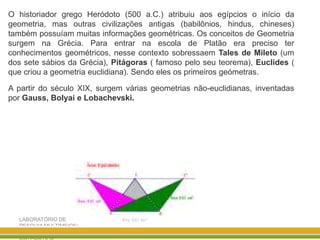 LABORATÓRIO DE
PESQUIA MULTIMEIOS/
DISCIPLINA ENSINO DE
O historiador grego Heródoto (500 a.C.) atribuiu aos egípcios o início da
geometria, mas outras civilizações antigas (babilônios, hindus, chineses)
também possuíam muitas informações geométricas. Os conceitos de Geometria
surgem na Grécia. Para entrar na escola de Platão era preciso ter
conhecimentos geométricos, nesse contexto sobressaem Tales de Mileto (um
dos sete sábios da Grécia), Pitágoras ( famoso pelo seu teorema), Euclides (
que criou a geometria euclidiana). Sendo eles os primeiros geómetras.
A partir do século XIX, surgem várias geometrias não-euclidianas, inventadas
por Gauss, Bolyai e Lobachevski.
 