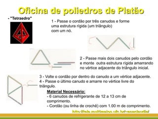 Oficina de poliedros de Platão
http://tele.multimeios.ufc.br/~anaclaudia/
- "Tetraedro"
1 - Passe o cordão por três canudos e forme
uma estrutura rígida (um triângulo)
com um nó.
2 - Passe mais dois canudos pelo cordão
e monte outra estrutura rígida amarrando
no vértice adjacente do triângulo inicial.
3 - Volte o cordão por dentro do canudo a um vértice adjacente.
4 - Passe o último canudo e amarre no vértice livre do
triângulo.
Material Necessário:
- 6 canudos de refrigerante de 12 a 13 cm de
comprimento.
- Cordão (ou linha de crochê) com 1.00 m de comprimento.
 