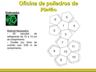 Dodecaedro
Oficina de poliedros de
Platão
Oficina de poliedros de
Platão
Material Necessário:
- 20 canudos de
refrigerante de 12 a 13 cm
de comprimento.
- Cordão (ou linha de
crochê) com 3.00 m de
comprimento.
 