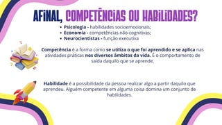 afinal, competências ou habilidades?
Psicologia - habilidades socioemocionais;
Economia - competências não-cognitivas;
Neurocientistas - função executiva
Competência é a forma como se utiliza o que foi aprendido e se aplica nas
atividades práticas nos diversos âmbitos da vida. É o comportamento de
saída daquilo que se aprende.
Habilidade é a possibilidade da pessoa realizar algo a partir daquilo que
aprendeu. Alguém competente em alguma coisa domina um conjunto de
habilidades.
 