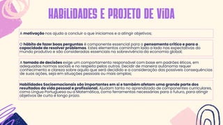 A motivação nos ajuda a concluir o que iniciamos e a atingir objetivos;
habilidades e projeto de vida
O hábito de fazer boas perguntas é componente essencial para o pensamento crítico e para a
capacidade de resolver problemas. Estes elementos caminham lado a lado nas expectativas do
mundo produtivo e são consideradas essenciais na sobrevivência da economia global;
A tomada de decisões exige um comportamento responsável com base em padrões éticos, em
adequadas normas sociais e no respeito pelos outros. Decidir de maneira autônoma requer
conhecimento e clareza sobre aquilo que será decidido e a consideração das possíveis consequências
de suas ações, seja em situações pessoais ou mais amplas;
Habilidades Socioemocionais são importantes em si e também afetam uma grande parte dos
resultados da vida pessoal e profissional. Ajudam tanto no aprendizado de componentes curriculares,
como Língua Portuguesa ou a Matemática, como ferramentas necessárias para o futuro, para atingir
objetivos de curto e longo prazo.
 