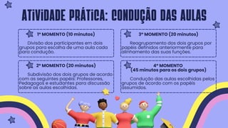 1º MOMENTO (10 minutos)
Divisão dos participantes em dois
grupos para escolha de uma aula cada
para condução.
2º MOMENTO (20 minutos)
Subdivisão dos dois grupos de acordo
com as seguintes papéis: Professores,
Pedagogos e estudantes para discussão
sobre as aulas escolhidas.
3º MOMENTO (20 minutos)
Reagrupamento dos dois grupos por
papéis definidos anteriormente para
alinhamento das suas funções.
4º MOMENTO
(45 minutos para os dois grupos)
Condução das aulas escolhidas pelos
grupos de acordo com os papéis
assumidos.
atividade Prática: Condução das aulas
 