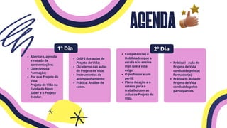 Agenda
Abertura, agenda
e rodada de
apresentações;
Objetivos da
Formação;
Por que Projeto de
Vida;
Projeto de Vida na
Escola do Novo
Saber e o Projeto
Escolar.
1º Dia 2º Dia
O GPS das aulas de
Projeto de Vida;
O caderno das aulas
de Projeto de Vida;
Instrumentos de
acompanhamento;
Prática: Análise de
casos.
Competências e
Habilidades que a
escola não ensina
mas que a vida
exige;
O professor e um
perfil;
Plano de ação e o
roteiro para o
trabalho com as
aulas de Projeto de
Vida.
Prática I - Aula de
Projeto de Vida
conduzida pelo(a)
formador(a);
Prática II - Aula de
Projeto de Vida
conduzida pelos
participantes.
 